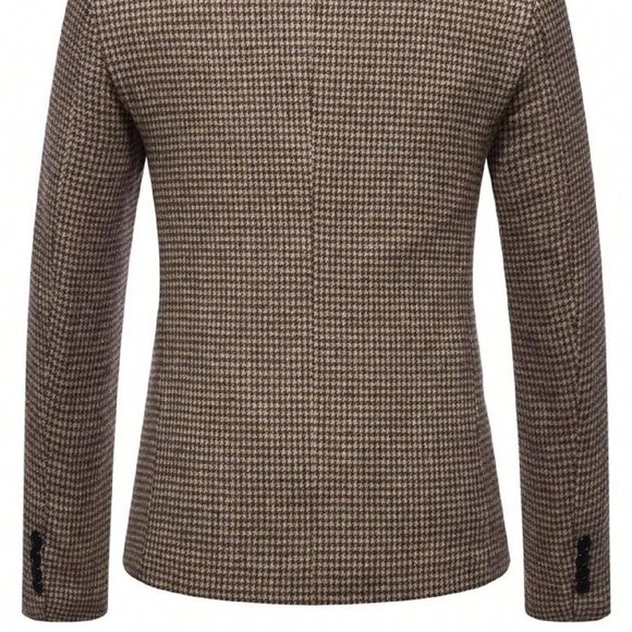Brown Casual Mens Houndstooth Single Button Tweed Blazer - Picture 2 of 3